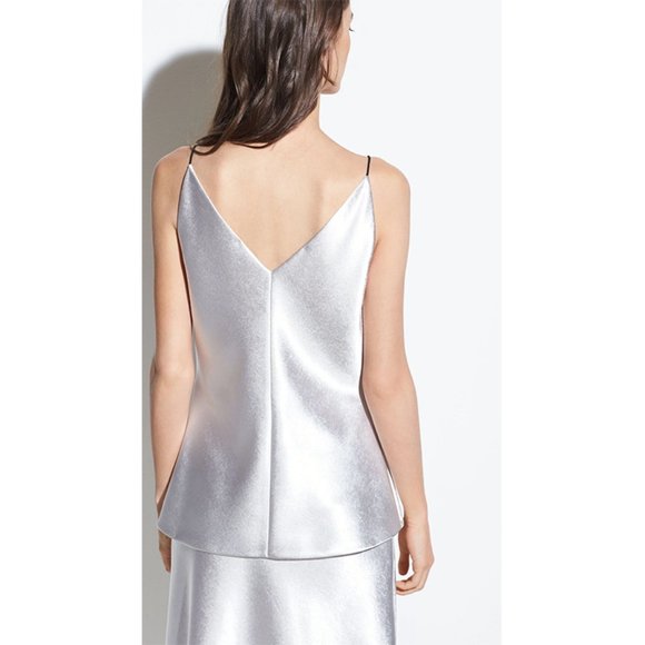 Vince Metallic Satin V-Neck Cami Sleeveless Skinny Strap Camisole Tank Silver XS - Picture 3 of 8